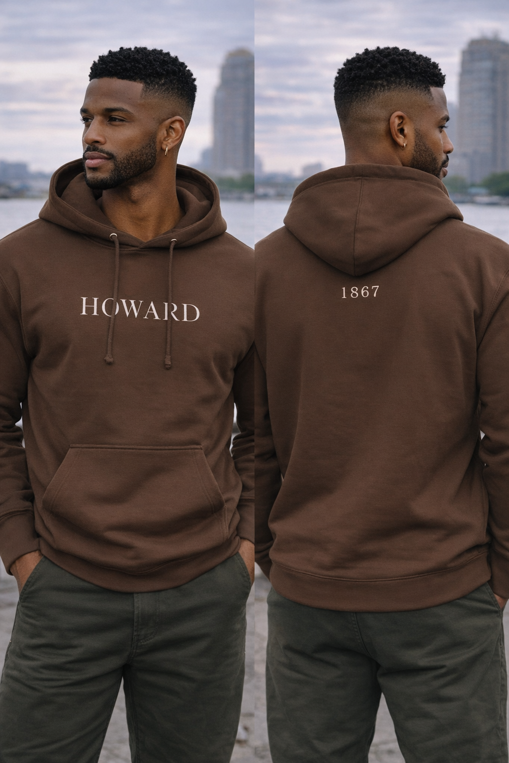 Man wearing a brown hoodie with 'HOWARD 1867' text, standing by a waterfront.